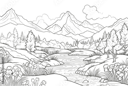 Obraz na płótnie Simple black and white sketch of a mountain river against the backdrop of mountains w salonie
