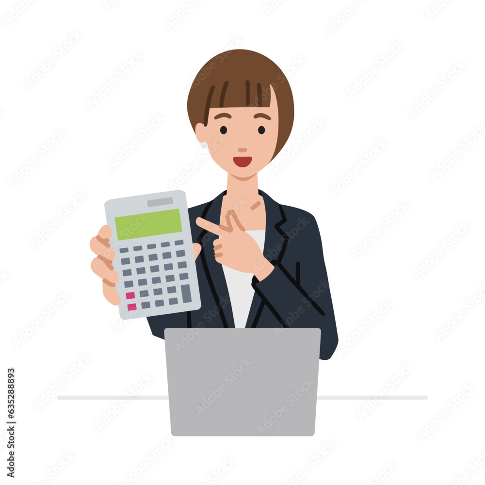 座ってデスクでノートPCを開いて電卓を指差してこちらに向けて見せているスーツの女性