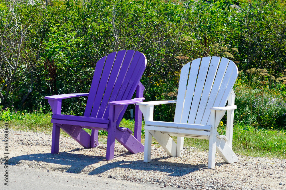 Vibrant empty purple and white color Adirondack chairs in a lush green grassy garden. The chairs have curved backs with slats and are on the side of a road with green shrubs behind the chairs. Vibrant empty purple and white color Adirondack chairs in a lush green grassy garden. The chairs have curved backs with slats and are on the side of a road with green shrubs behind the chairs.