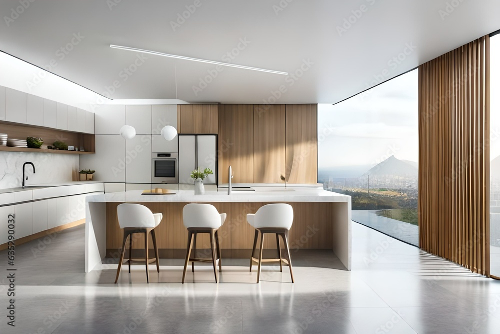 White kitchen interior with panoramic windows, concrete floor and marble bar stand. Template