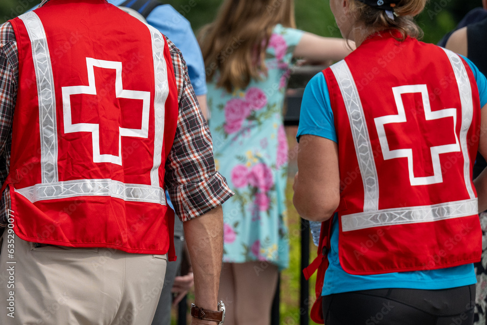 Medical first responder uniforms are being worn by Red Cross volunteers