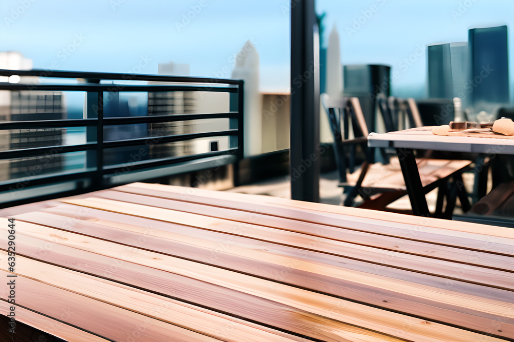 Obraz premium Close up of wooden table in rooftop restaurant isolated on blurry city landscape. Side view