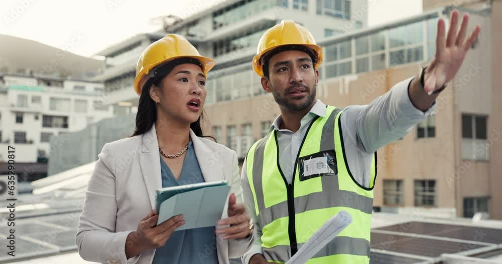 People, architect and tablet on rooftop in planning, building inspection or construction together on site. Man and woman, contract or engineering team with technology in project or city architecture People, architect and tablet on rooftop in planning, building inspection or construction together on site. Man and woman, contract or engineering team with technology in project or city architecture