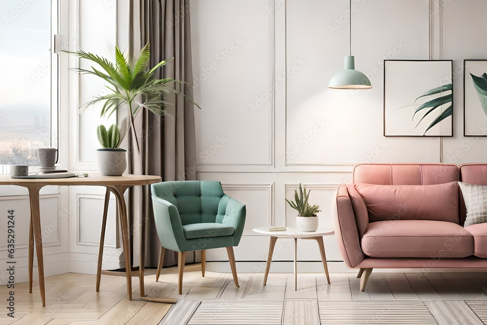 Aloe in pink pot on wooden table in pastel apartment interior with plants and armchair beside sofa with pillows. Copy space. Aloe in pink pot on wooden table in pastel apartment interior with plants and armchair beside sofa with pillows. Copy space.