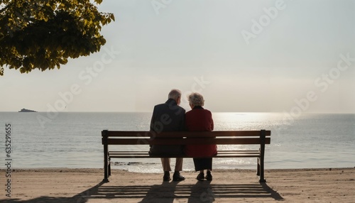 Elderly couple in love sitting on bench facing the sea