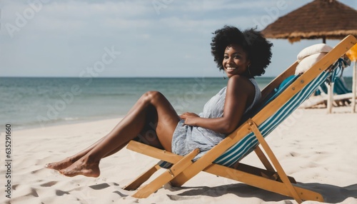Valokuva Smiling black woman relaxing on deck chair at beach