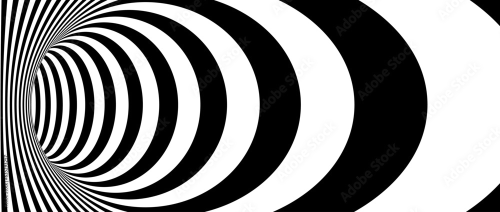 Optical illusion wormhole. Striped geometric infinite tunnel. Black and white abstract hypnotic hole shape. Vector Op art illustration Optical illusion wormhole. Striped geometric infinite tunnel. Black and white abstract hypnotic hole shape. Vector Op art illustration