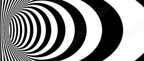 Optical illusion wormhole. Striped geometric infinite tunnel. Black and white abstract hypnotic hole shape. Vector Op art illustration