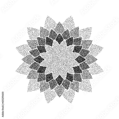 Stipple flower background. Dotted ornament mandala. Noise grain star shape. Abstract black floral decoration. Dotwork radial pattern design for tattoo, poster, clothes, badge, sticker. Vector