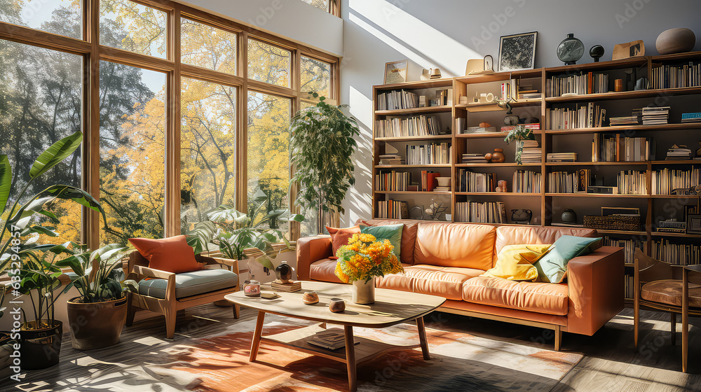 3D Render Creating a Cozy and Beautiful Living Room: Design Ideas with Vintage Pop Color and Mid Century Modern Style for Resident's Relaxation in Sunny Light. 3D Render Creating a Cozy and Beautiful Living Room: Design Ideas with Vintage Pop Color and Mid Century Modern Style for Resident's Relaxation in Sunny Light.