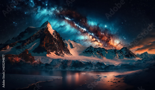 Beautiful Starry Night, Colorful Sky and Majestic Mountains under the Milky Way Galaxy, natural landscape background