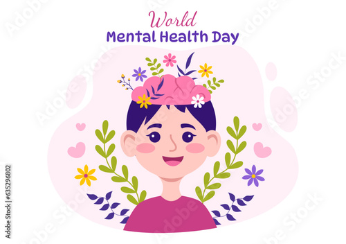 World Mental Health Day Vector Illustration on October 10 with Healthy Problem and Heart in Brain in Flat Cartoon Hand Drawn Background Templates