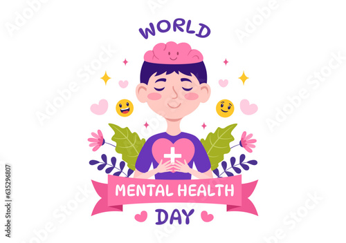 World Mental Health Day Vector Illustration on October 10 with Healthy Problem and Heart in Brain in Flat Cartoon Hand Drawn Background Templates