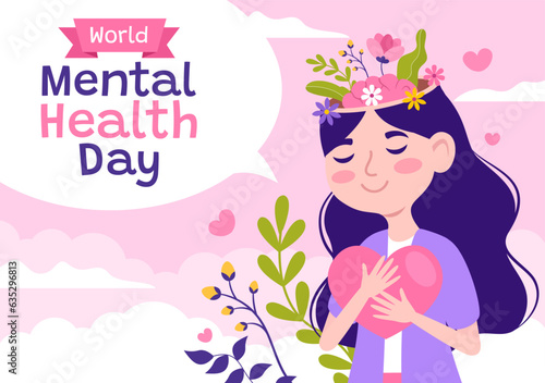 World Mental Health Day Vector Illustration on October 10 with Healthy Problem and Heart in Brain in Flat Cartoon Hand Drawn Background Templates