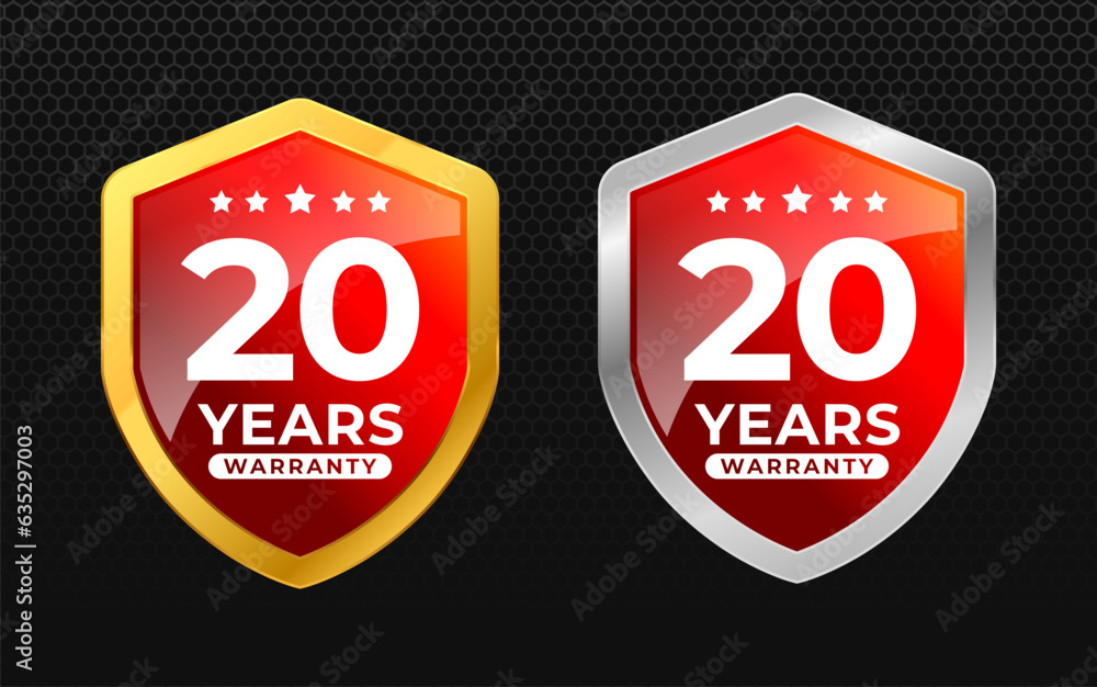 20 years warranty with glossy gold and silver vector shield shape. for label, seal, stamp, icon, logo, badge, symbol, sticker, button 20 years warranty with glossy gold and silver vector shield shape. for label, seal, stamp, icon, logo, badge, symbol, sticker, button