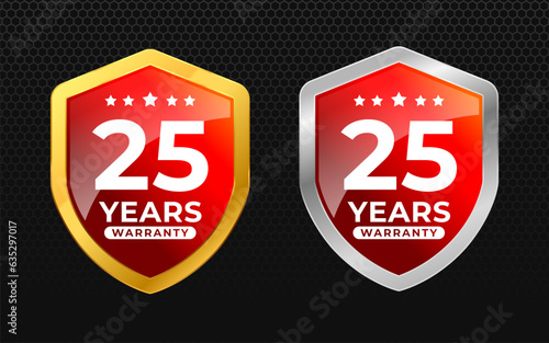 25 years warranty with glossy gold and silver vector shield shape. for label, seal, stamp, icon, logo, badge, symbol, sticker, button