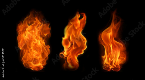 Set of bright burning fire. Vector illustration. Realistic sparkling flames isolated on black backdrop
