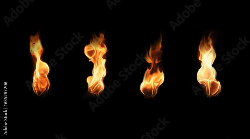 Set of realistic torch flame isolated on black background.  Various vector icons with bright burning fire 