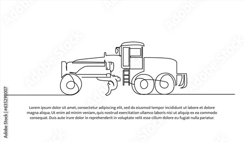 Grader machine one continuous line design. Construction transport symbol vector. Decorative elements drawn on a white background.