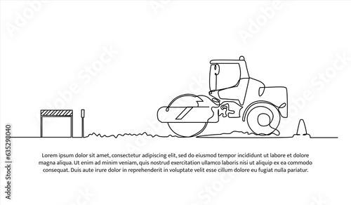 Vibro Roller one continuous line design. Highway compaction vehicle. Decorative elements drawn on a white background.