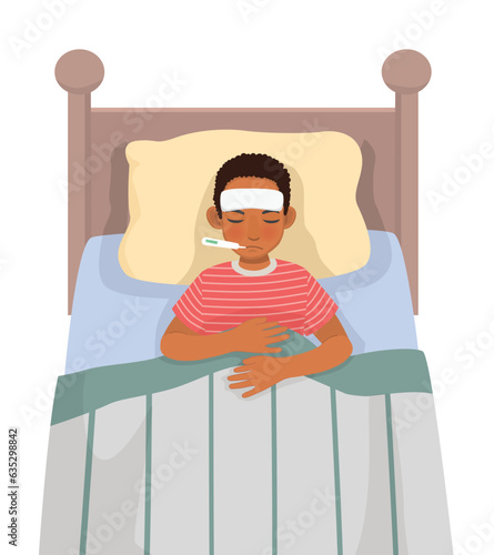 Sick young African man has high fever flu and cold lying on bed with thermometer in his mouth