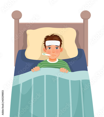 Sick young man has high fever flu and cold lying on bed with thermometer in his mouth