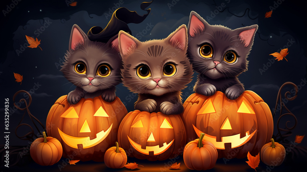 Halloween cats on jack-o-lanters. Halloween Background Halloween cats on jack-o-lanters. Halloween Background