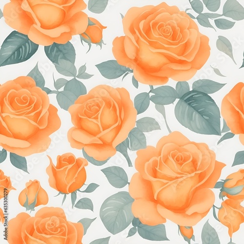 Orange Roses pattern. Watercolor floral pattern, tiles. White Background.