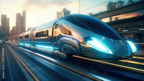 Futuristic train very fast driving. Futuristic city concept.
