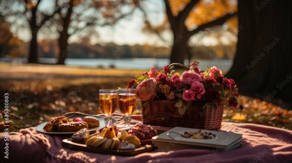 picnic table setting  with a cup of tea and flowers