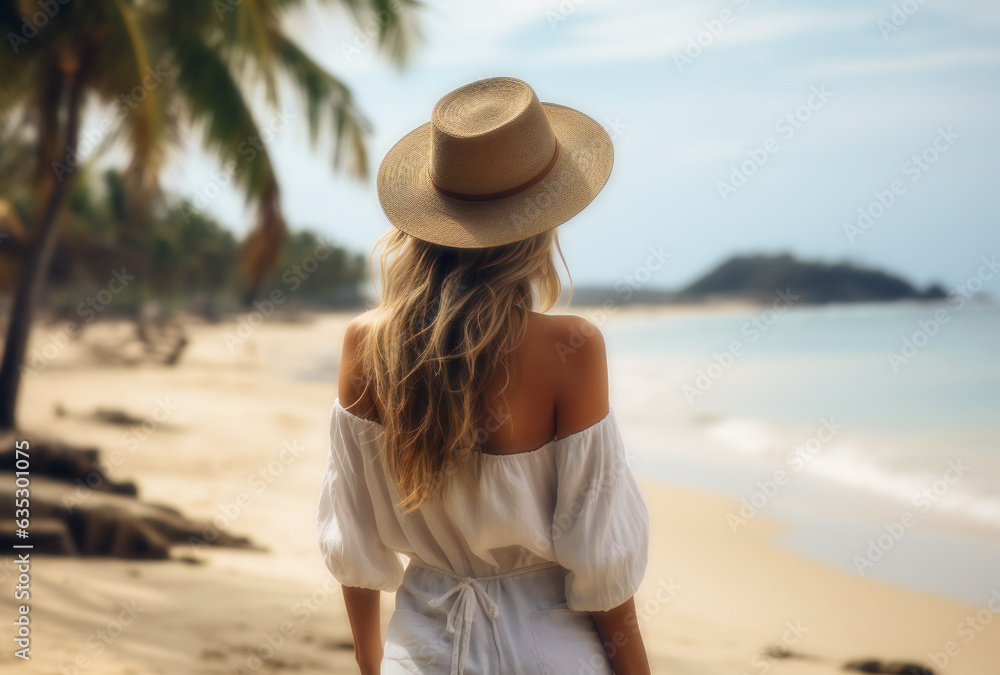 Back view of a blonde woman enjoys the beach, wearing a chic beach hat while gazing at the endless ocean.