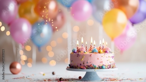 Birthday cake with burning candles and colorful balloons on wooden table, closeup