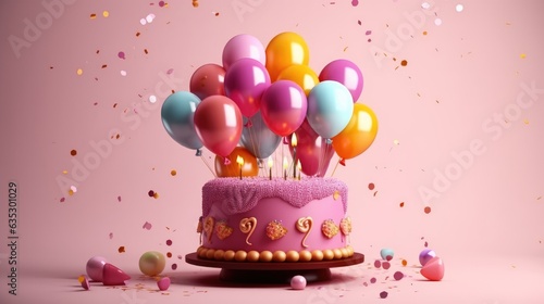 Birthday cake with burning candles and colorful balloons on wooden table  closeup