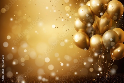 Golden balloons with golden bokeh background, birthday celebration background