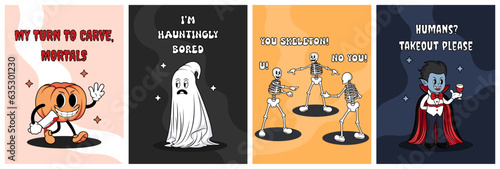 Halloween poster set. Fun cartoon characters with funny inscriptions. Revengeful pumpkin with a cleaver, bored ghost, meme company of skeletons and a mysterious vampire. Vector illustration