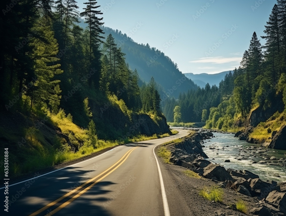 road in mountains, Asphalt road in a forest between river and mountain. Pie forest and the Mountain. Travel.