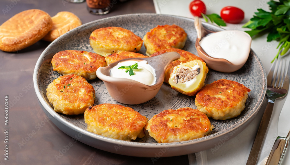 Potato patties (zrazy) Stuffed with minced meat, served with sour cream and tomato sauce. Crisp potato cutlets with meat, mushrooms and cheese. Traditional Russian food Zrazy