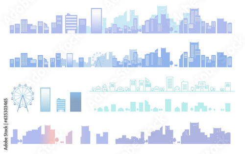 シンプルな朝の街並みのシルエットイラストのセット　背景イラスト　都市景観