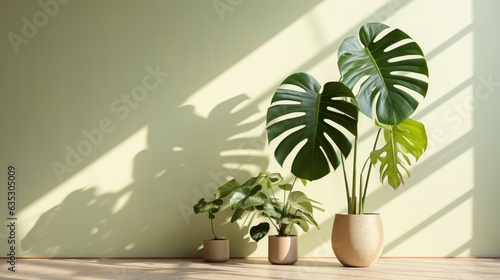 Monstera  shadow  contemporary houseplants in a ceramic container  white wall for copy space