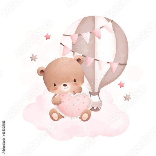 Watercolor illustration cute teddy bear sits on cloud with pink hot air balloon and stars
