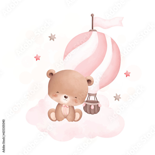 Watercolor illustration cute teddy bear sits on cloud with pink hot air balloon and stars