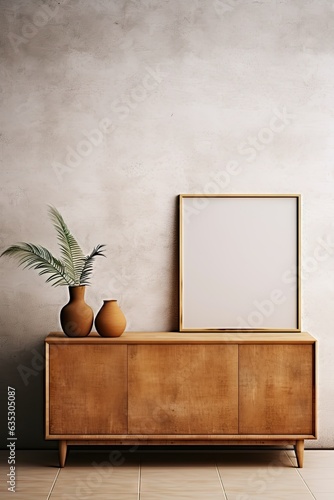 Empty mock-up poster frame on concrete wall above the wooden cabinet. Rustic style interior design of the modern living room in the farmhouse. generative AI