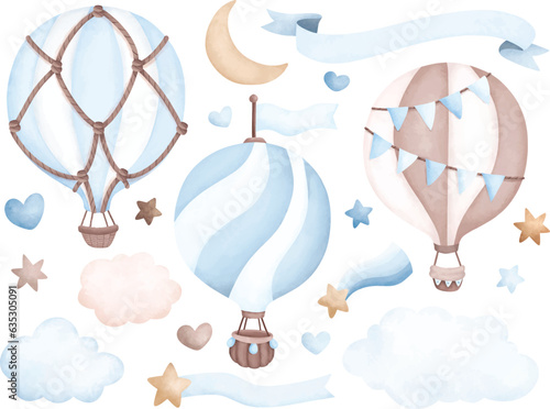 Watercolor illustration set of blue Hot air balloon and elements