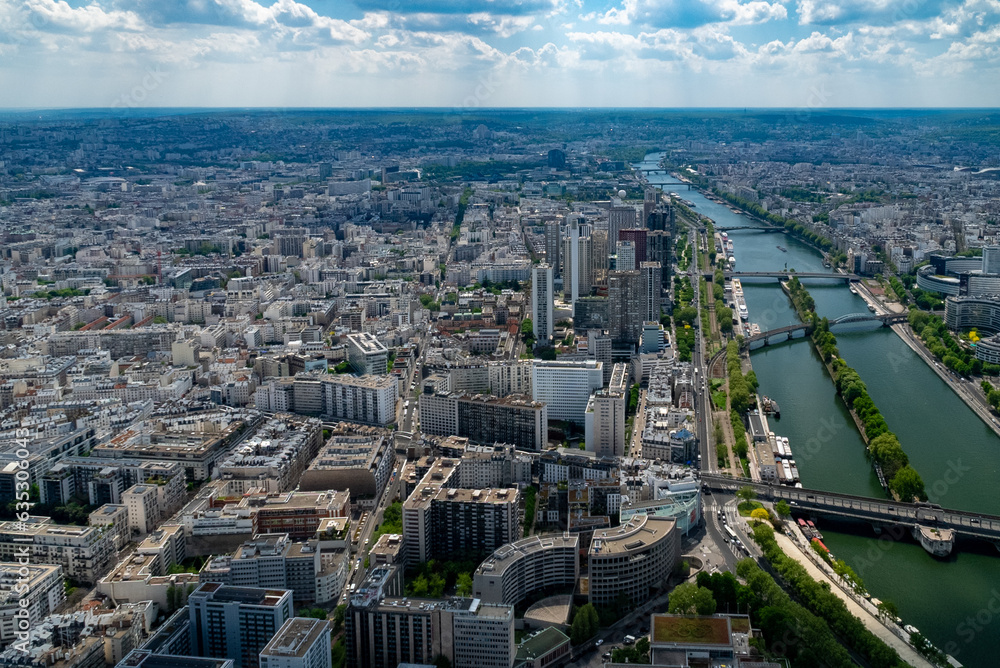Panoramic Paris from Eiffel Tower and view of the Seine River. Paris, France. 