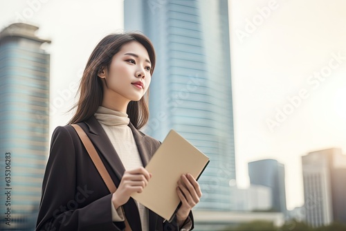 Asia Young busines woman with notebook ,tall building background,Generative AI . photo