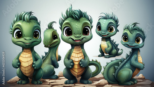 Clipart set of cartoon green wooden dragon with different emotions.  © Margo_Alexa