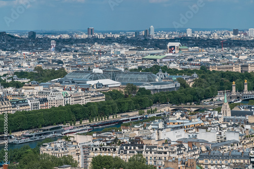 Panoramic Paris from Eiffel Tower and view of the Seine River. Paris, France. 