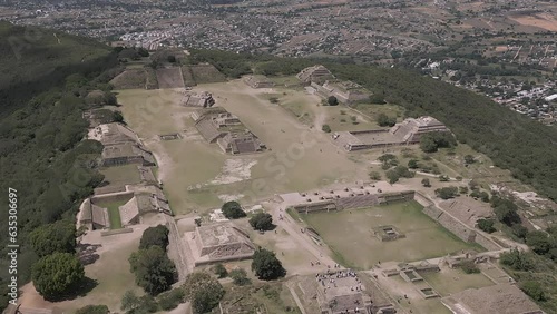 Flyover of temples and plazas of ancient Monte Alban ruins in Mexico photo