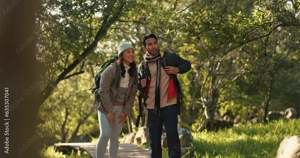 Nature, hiking and couple in a forest for an adventure or journey while on a weekend trip. Conversation, woods and young man and woman outdoor trekking together with backpacks on vacation or holiday. Nature, hiking and couple in a forest for an adventure or journey while on a weekend trip. Conversation, woods and young man and woman outdoor trekking together with backpacks on vacation or holiday.