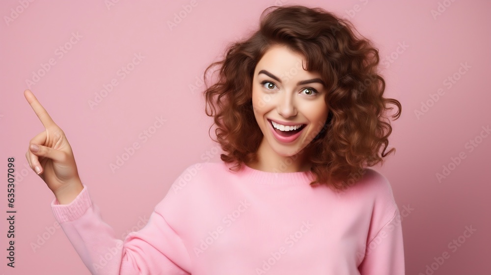 Red Curly Hair Smiling Young Woman Pointing Something Left in Pink Sweater on Pink Background. Generative Ai Red Curly Hair Smiling Young Woman Pointing Something Left in Pink Sweater on Pink Background. Generative Ai